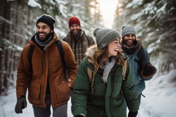 Group of friends enjoying a winter hike together