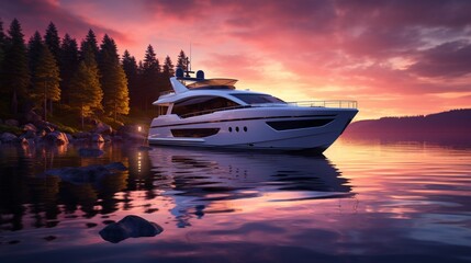 a serene sunset scene by the tranquil lake, featuring a sleek, modern yacht anchored near the shore
