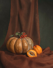 still life with pumpkin and pumpkins