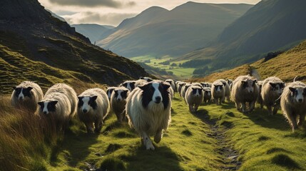 A sheepdog herding a flock of sheep through a narrow, winding path in the highlands - obrazy, fototapety, plakaty