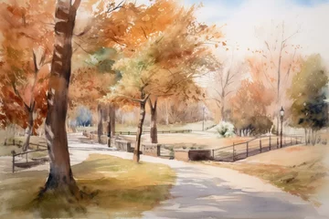 Fototapeten Watercolor-style painting of a park landscape with an impressionist touch. Generative AI © Nova