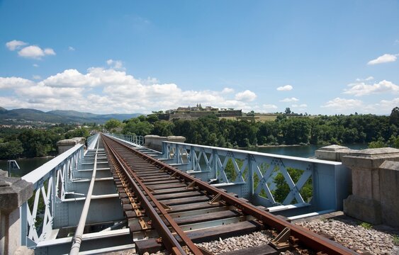 Rail Tracks On Top Of Eiffel Bridge Looking Towards Portugal; Tui, Pontevedra, Spain
