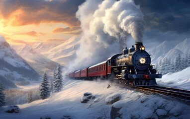 A vintage train moves through snowy landscape emitting smoke from its chimney. Generative AI