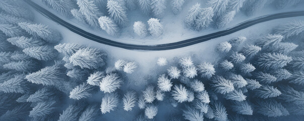 Aerial perspective of a winter forest with a winding road or trail