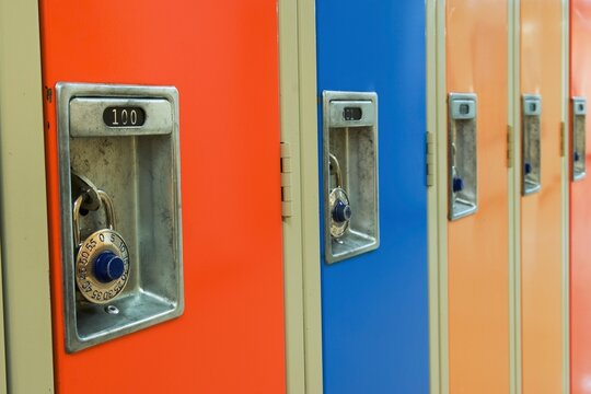 Combination Locks On A Row Of Lockers; Camrose, Alberta, Canada