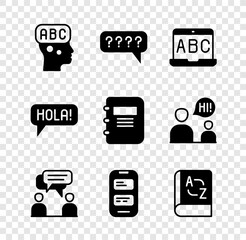 Set Learning foreign languages, Speech bubbles with Question, Foreign online study, Two sitting men talking, Online translator, Translator book, Hola different and Notebook icon. Vector