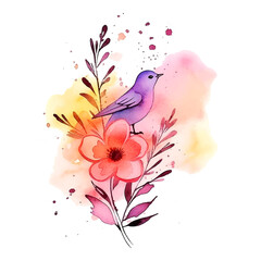 Abstract bird with line art flower watercolor hand painted