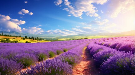 A sun-drenched lavender field in full bloom, stretching towards the horizon under a brilliant blue sky