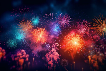 Colorful fireworks on dark sky background for celebration happy new year and merry christmas. Colorful fireworks of various colors over night sky. New Year celebration background