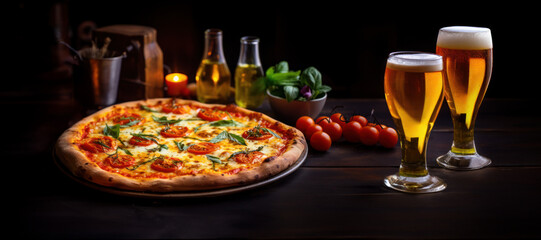 Pepperoni pizza, Homemade, Halloween concept. Close-up view photography of Delicious and tasty rustic Italian Pizza with malt mozzarella cheese tomatoes. with glass of beers, Halloween pumpkin party.