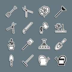 Set line Watering can, Garden trowel spade or shovel, Planting tree the ground, Tree, saw, Gardening handmade scissor, pitchfork and icon. Vector