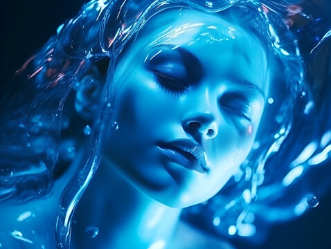 Futuristic blue avatar woman portrait with smooth glowing skin and closed eyes
