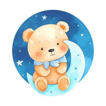 Cute teddy bear resting on the moon watercolor painting