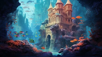 a surreal underwater world with a school of luminescent fish gliding gracefully around a coral reef - obrazy, fototapety, plakaty