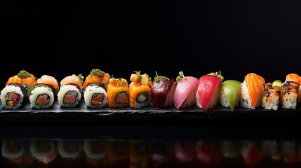a tasteful image of a modern sushi bar, with an array of colorful, expertly crafted sushi rolls displayed on a sleek, minimalist counter