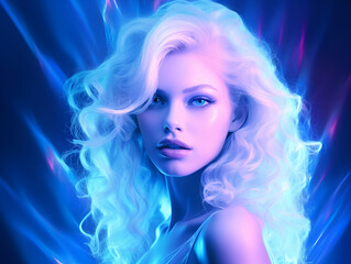 Beautiful futuristic woman with blonde hair, glowing blue background