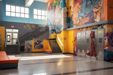 Interior school lobby with row of grey lockers and stairs