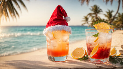 Cocktail in a glass, Santa's hat, sea beach - obrazy, fototapety, plakaty