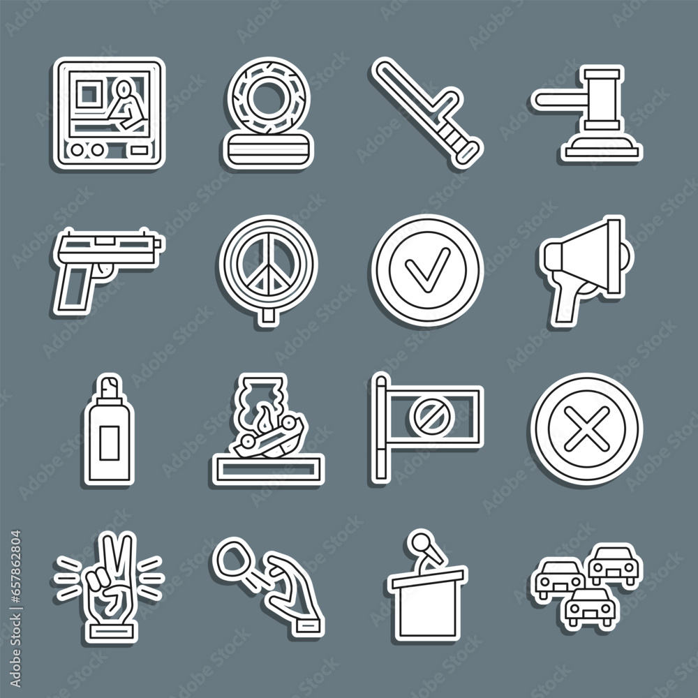 Sticker Set line Traffic jam, X Mark, Cross in circle, Megaphone, Police rubber baton, Peace, Pistol or gun, Television report and Check mark round icon. Vector