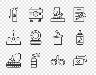 Fototapeta premium Set line Lying burning tires, Speech bubble chat, Burning car, Air horn, Fire extinguisher, Handcuffs and Pepper spray icon. Vector