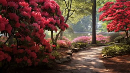 a tranquil garden filled with blooming azaleas, their vibrant blooms creating a riot of color beneath the dappled shade of trees