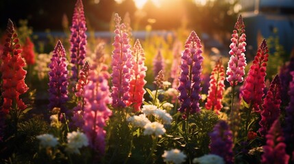 a tranquil garden filled with blooming snapdragons, their colorful spikes of flowers creating a vibrant and playful display - obrazy, fototapety, plakaty