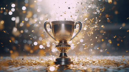 Golden trophy cup, victory winning and success symbol, first place competition, celebration concept - obrazy, fototapety, plakaty