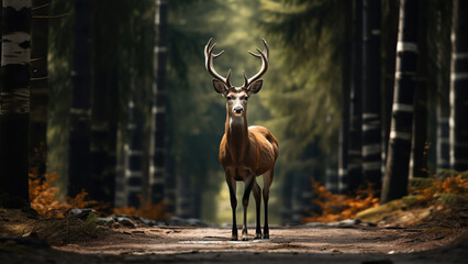 Amazing deer standing on the road against the background of the forest.