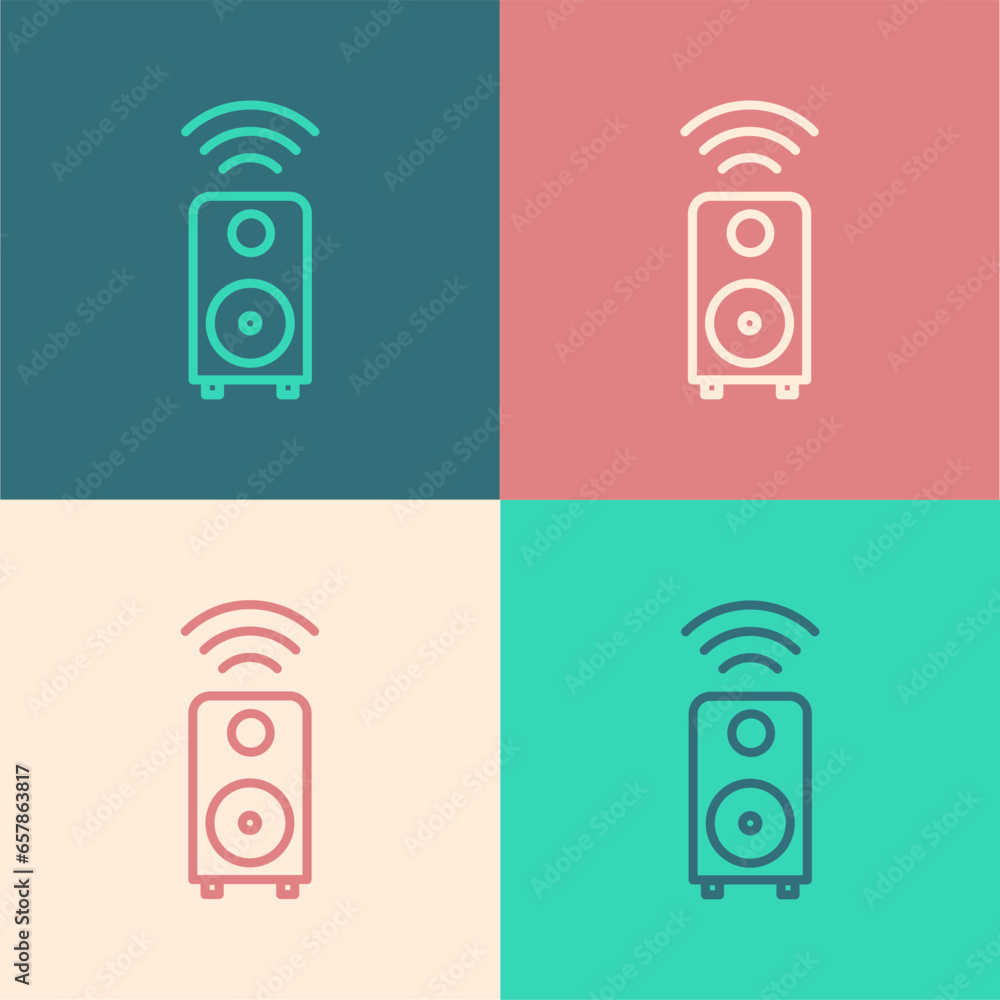 Poster pop art line smart stereo speaker system icon isolated on color background. sound system speakers. i