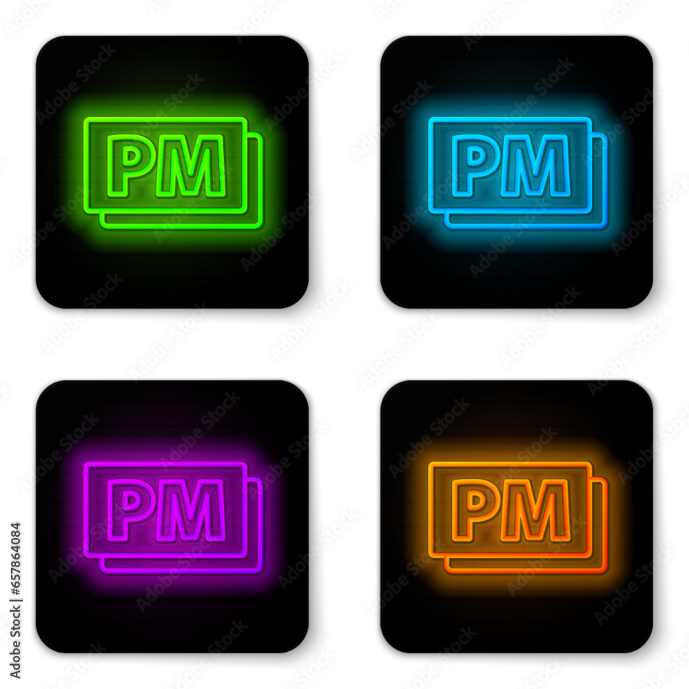 Poster glowing neon line clock pm icon isolated on white background. time symbol. black square button. vect