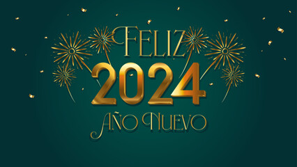 Festive celebration of the beginning of a New Year: Colorful invitation in Spanish with traditional decorations and elegant gold typography.