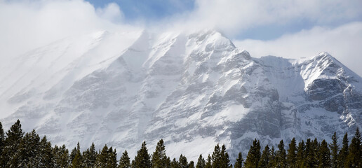 Snow-Capped Mountain Over Forest; Kananaskis Country, Alberta, Canada