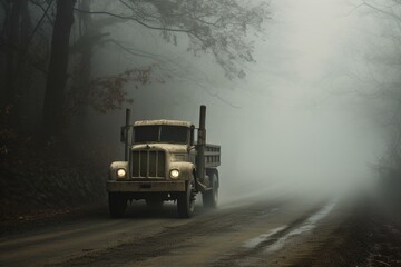 Fototapeta na wymiar Truck in foggy weather. Generative AI