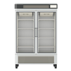 Pharmacy Medical Vaccine Refrigerator, front view, empty. 3D rendering isolated on transparent background