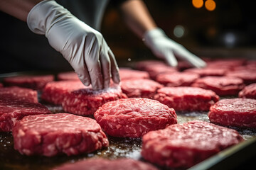  Man hand make burger with minced meat. - obrazy, fototapety, plakaty