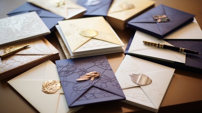 an array of embossed notecards, elegant envelopes, and stylish pens