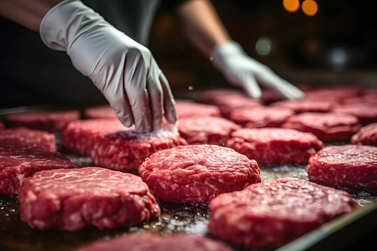  Man hand make burger with minced meat.