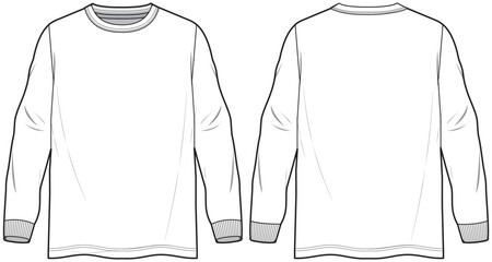 Men's long sleeve Crew neck T Shirt flat sketch fashion illustration drawing template mock up with front and back view - obrazy, fototapety, plakaty