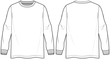 Fotobehang Men's long sleeve Crew neck T Shirt flat sketch fashion illustration drawing template mock up with front and back view © Fathima Flats