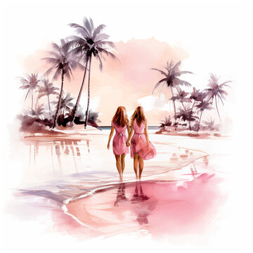 Two twin sisters walking on the beach watercolor hand painting © Florin