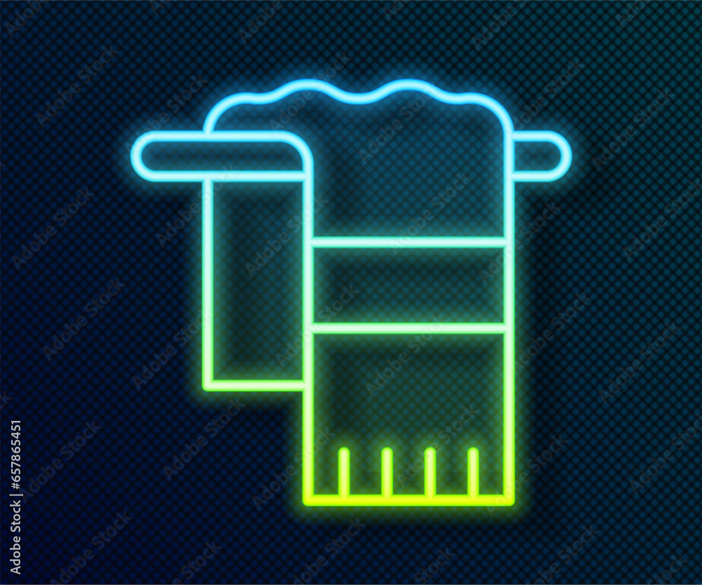 Wall mural glowing neon line towel on hanger icon isolated on black background. bathroom towel icon. vector