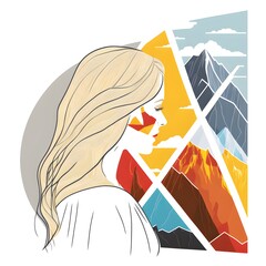simple flat 2d logo style cute young blondehaired woman overlooking the mountain view abstract vector lines illutsration picasso style white background facing away 