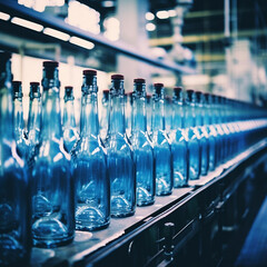 Clean blue bottles moving down a production line in a bottling plant. Clean and sleek white light reflections.