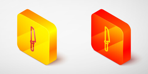 Isometric line Knife icon isolated on grey background. Cutlery symbol. Yellow and orange square button. Vector