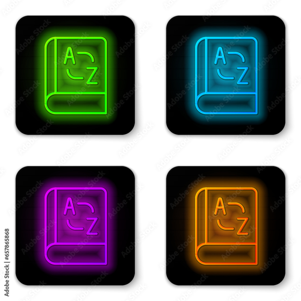 Poster glowing neon line translator book icon isolated on white background. foreign language conversation i