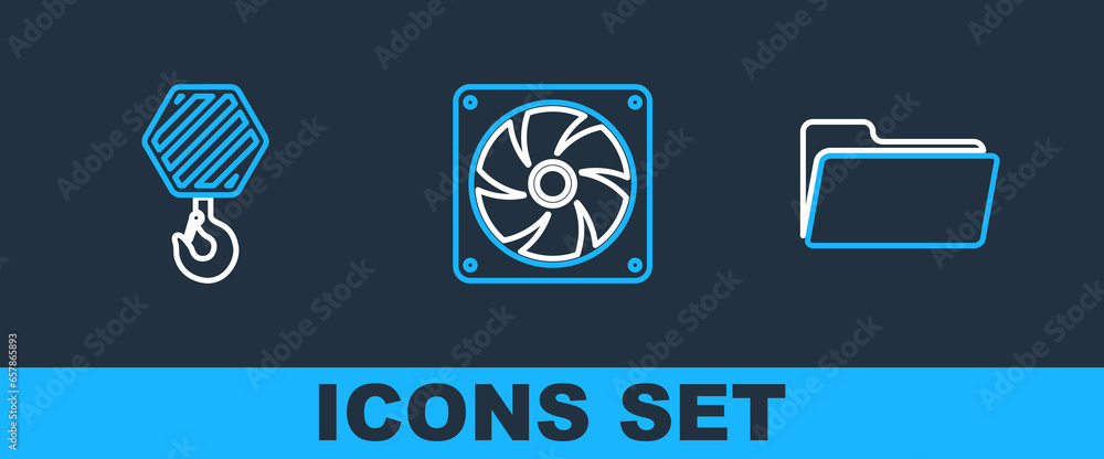 Poster set line folder, industrial hook and computer cooler icon. vector