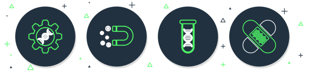 Set line Magnet with money, DNA research, search, Genetic engineering and Crossed bandage plaster icon. Vector