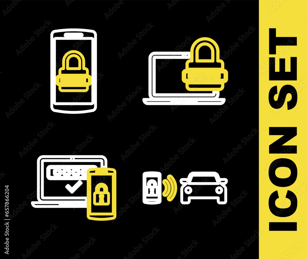 Poster set line laptop with password, smart car alarm system, two steps authentication and mobile and icon.