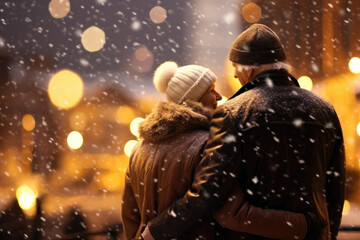 Naklejka premium A mature couple sharing a joyful, romantic moment in the winter snowfall, expressing their love and togetherness.