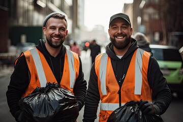 A group of happy people, working together to collect garbage and promote recycling in their community. - obrazy, fototapety, plakaty